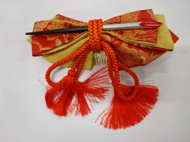 JAPANESE KIMONO / ANTIQUE RIBBON HAIR ACCESSORY / WOVEN BUTTERFLY & FLOWER